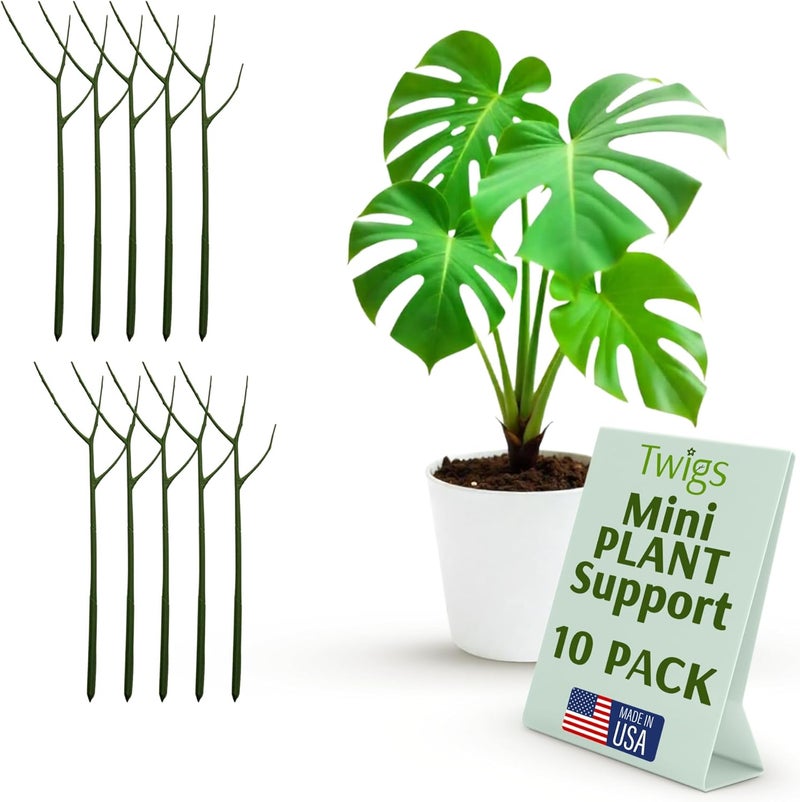 Twigs Ga دعامات نباتية صغيرة لدعم النباتات الصغيرة، للاستخدام الداخلي والخارجي، مستلزمات الحدائق، ملحقات الحدائق، بديل للشبكات والحلقات - مونستيرا (أخضر داكن)، عبوة 10، 12 بوصة طول - Image 1